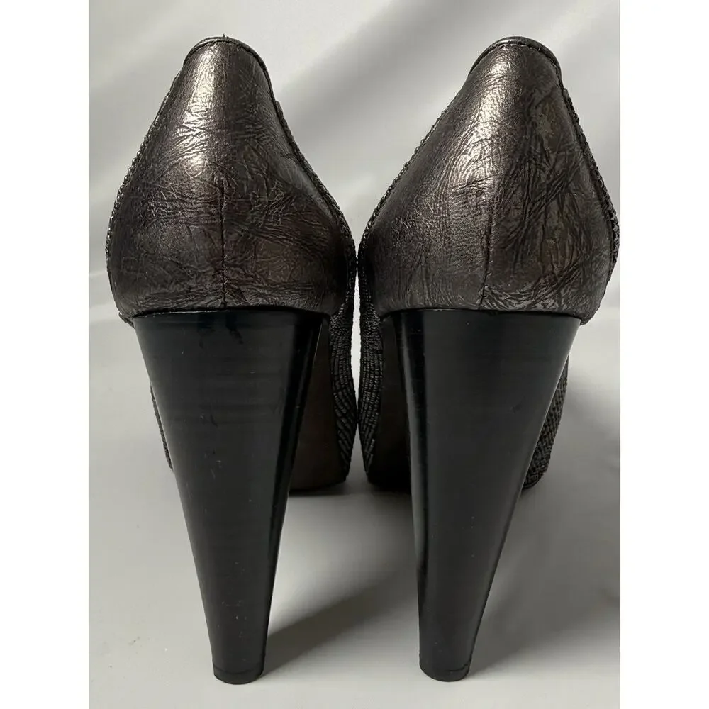 Donald J Pliner Beaded Platform Heels 7.5 M Peep Toe Italy Gray Red Leather